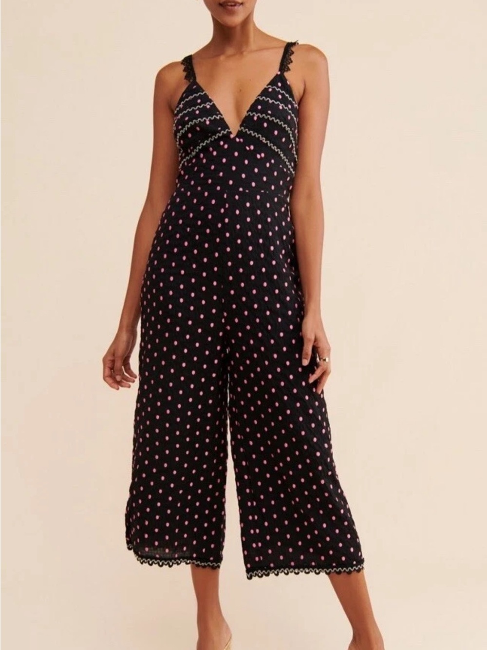 Anthropologie Black & Pink Polka Dot Spaghetti Strap Romper
